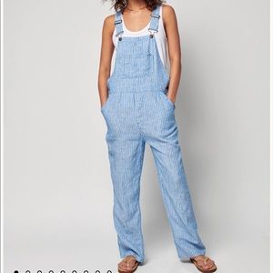 NWT Faherty Brand Linen Mechanic Overalls - Railroad Striped Navy